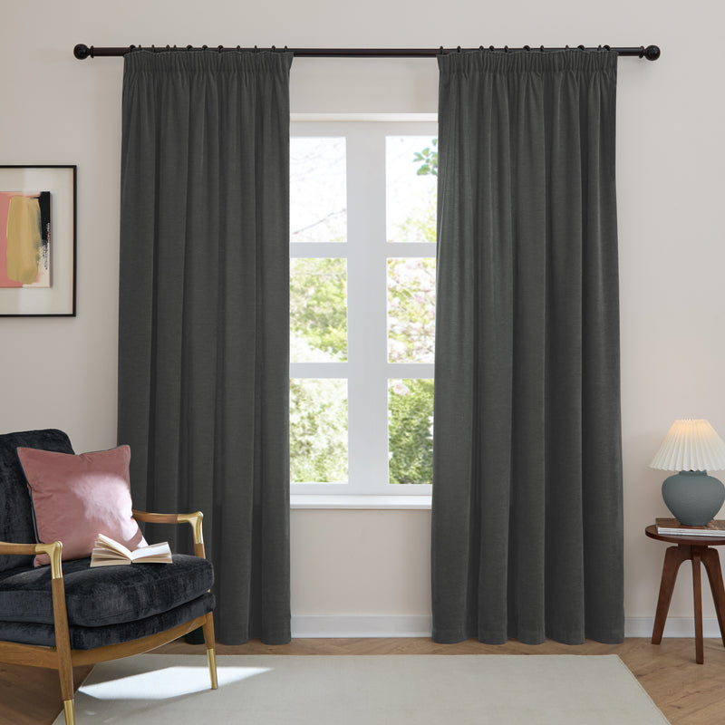  Curtains - Soft Chenille Blackout  Pencil Pleat Curtains Charcoal Furn