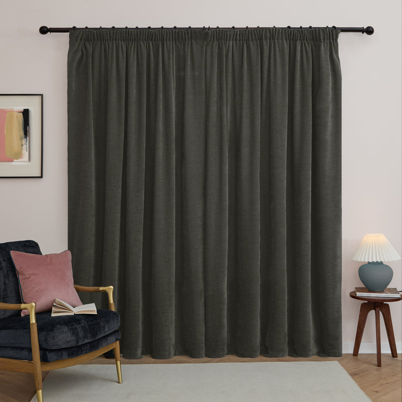  Curtains - Soft Chenille Blackout  Pencil Pleat Curtains Charcoal Furn