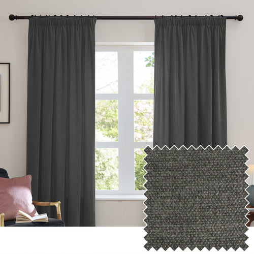Plain Grey Curtains - Soft Chenille Blackout Pencil Pleat Curtains Charcoal Furn
