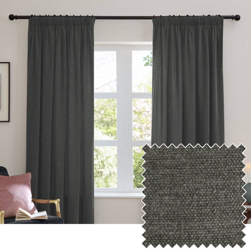  Curtains - Soft Chenille Blackout  Pencil Pleat Curtains Charcoal Furn