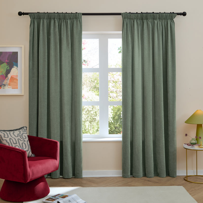  Curtains - Soft Chenille Blackout  Pencil Pleat Curtains Green Furn