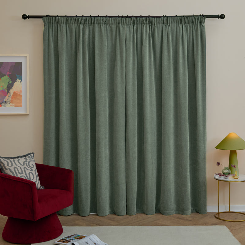  Curtains - Soft Chenille Blackout  Pencil Pleat Curtains Green Furn