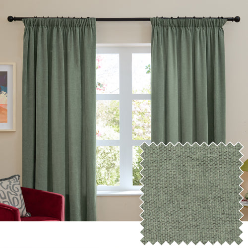 Plain Green Curtains - Soft Chenille Blackout Pencil Pleat Curtains Green Furn