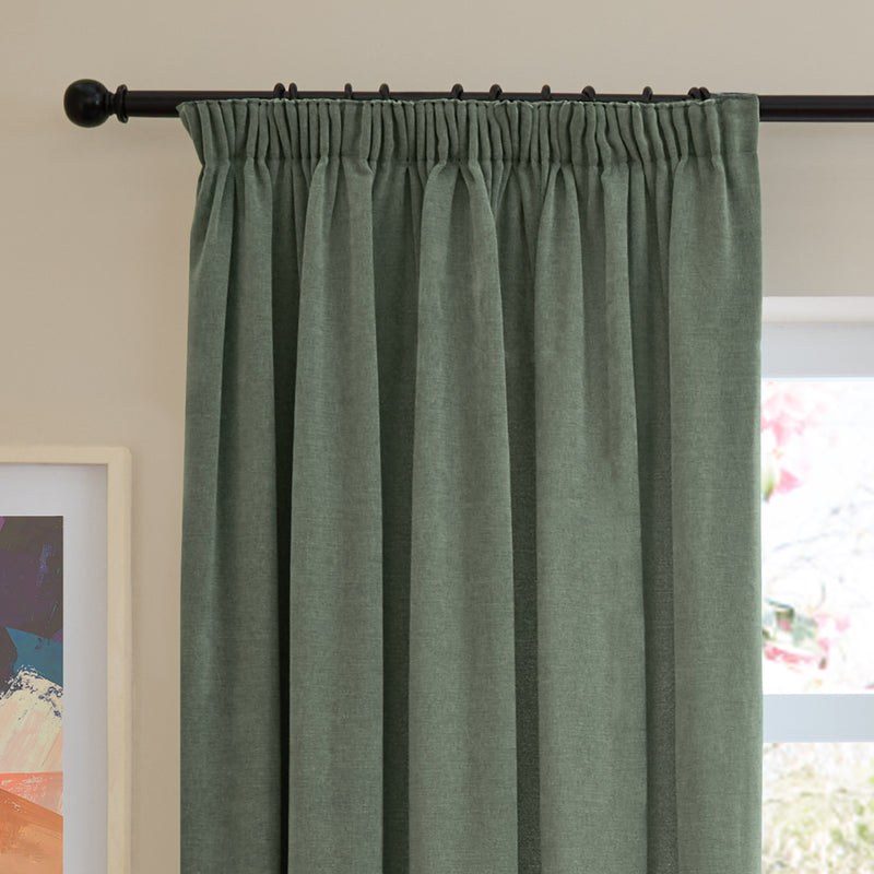  Curtains - Soft Chenille Blackout  Pencil Pleat Curtains Green Furn