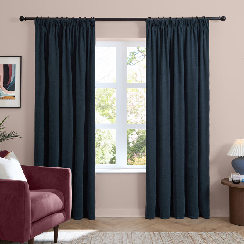  Curtains - Soft Chenille Blackout  Pencil Pleat Curtains Navy Furn