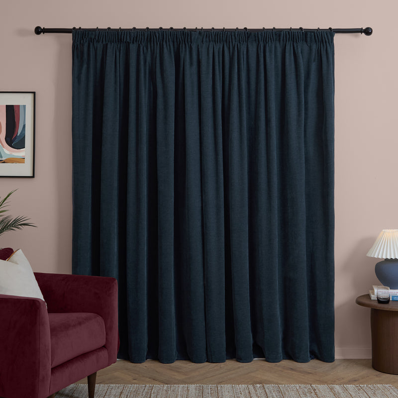  Curtains - Soft Chenille Blackout  Pencil Pleat Curtains Navy Furn