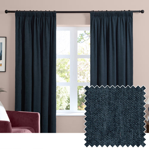 Plain Blue Curtains - Soft Chenille Blackout Pencil Pleat Curtains Navy Furn