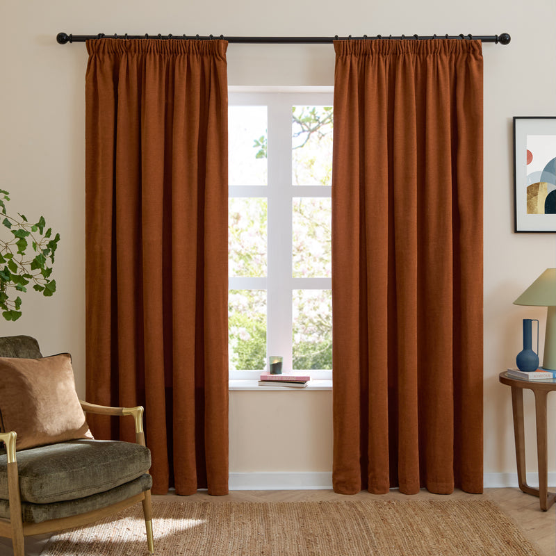  Curtains - Soft Chenille Blackout  Pencil Pleat Curtains Rust Furn
