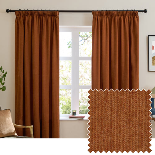  Curtains - Soft Chenille Blackout  Pencil Pleat Curtains Rust Furn