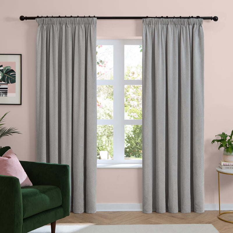  Curtains - Soft Chenille Blackout  Pencil Pleat Curtains Silver Furn