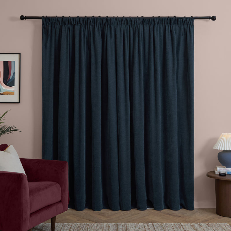 Plain Blue Curtains - Soft Chenille Blackout Pencil Pleat Curtains Navy Furn