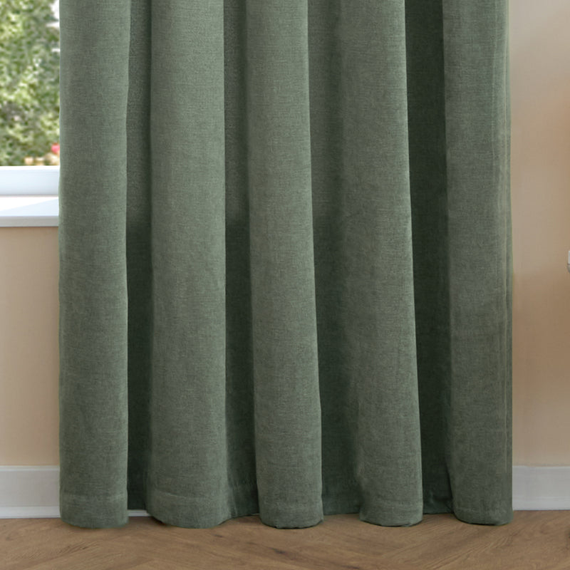 Plain Green Curtains - Soft Chenille Blackout Pencil Pleat Curtains Green Furn