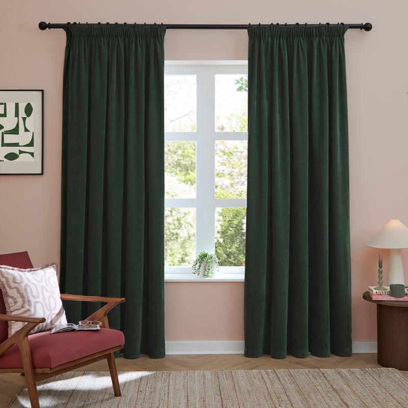 Plain Green Curtains - Soft Chenille Blackout Pencil Pleat Curtains Bottle Green Furn