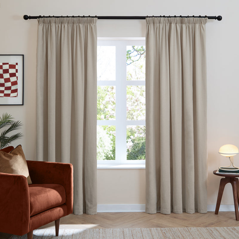 Plain Beige Curtains - Soft Chenille Blackout Pencil Pleat Curtains Natural Furn