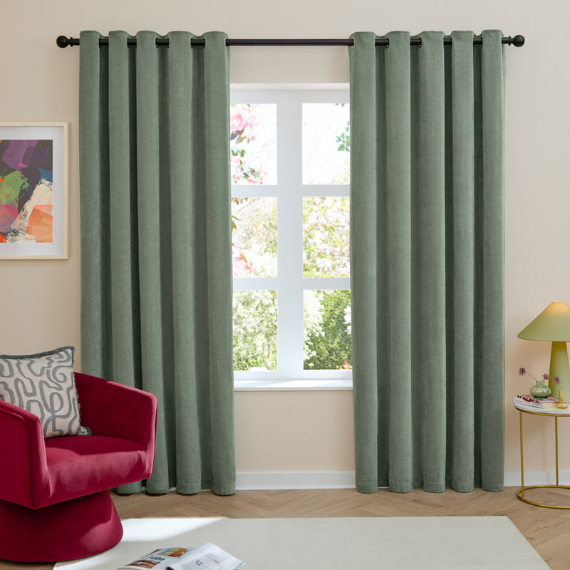 Plain Green Curtains - Soft Chenille Blackout Eyelet Curtains Green Furn