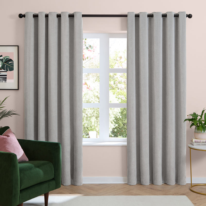 Plain Grey Curtains - Soft Chenille Blackout Eyelet Curtains Silver Furn