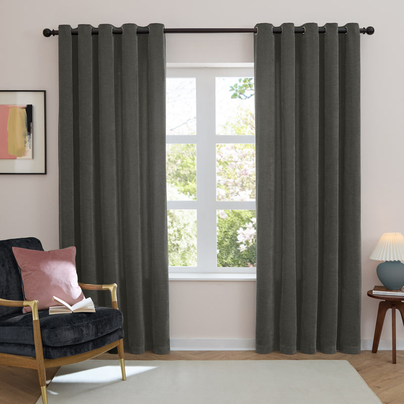  Curtains - Soft Chenille Blackout  Eyelet Curtains Charcoal Furn