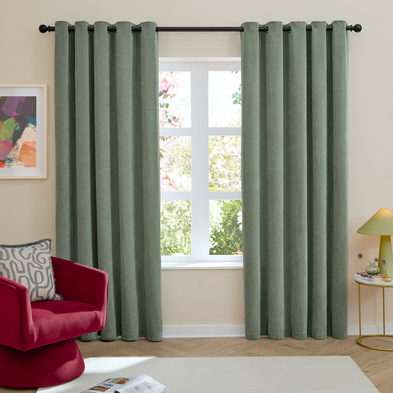 Curtains - Soft Chenille Blackout  Eyelet Curtains Green Furn