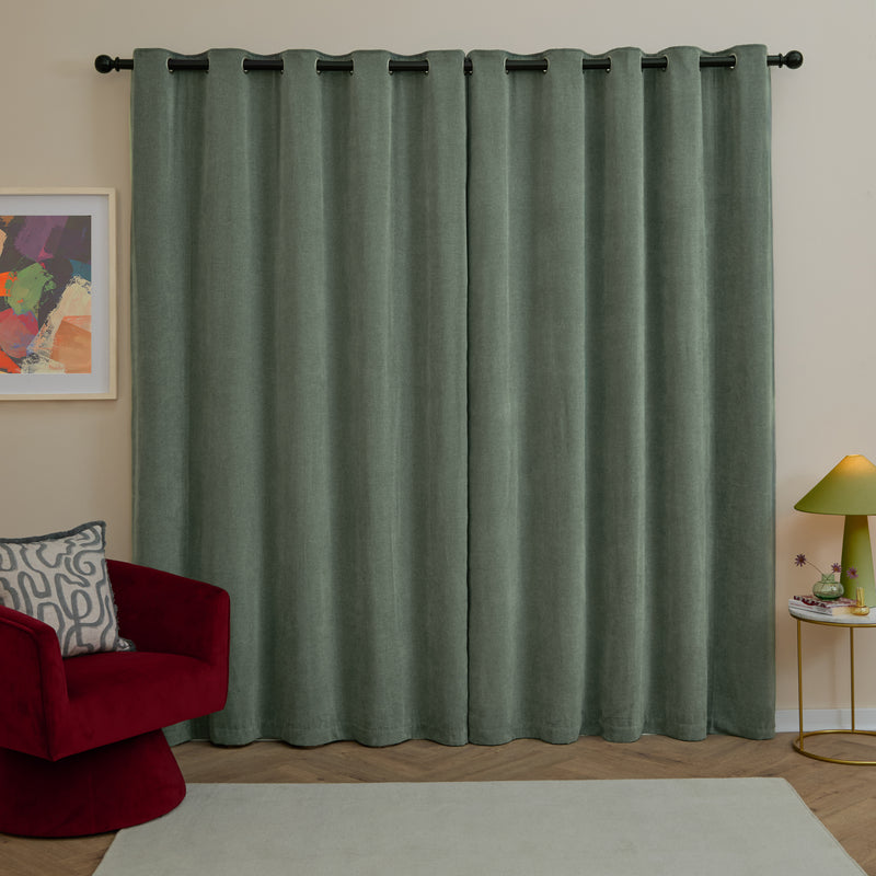  Curtains - Soft Chenille Blackout  Eyelet Curtains Green Furn