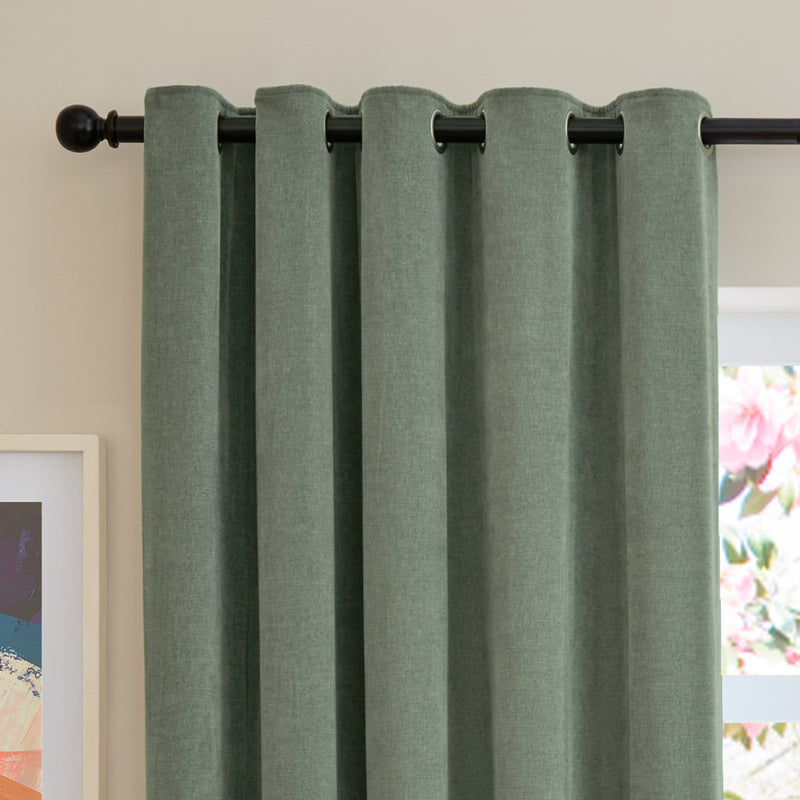  Curtains - Soft Chenille Blackout  Eyelet Curtains Green Furn