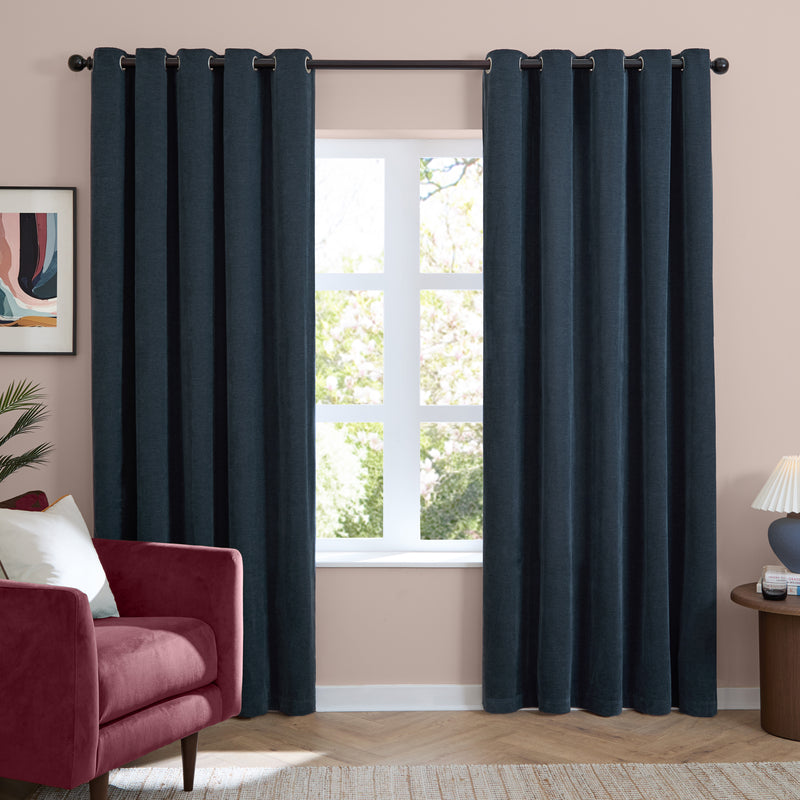  Curtains - Soft Chenille Blackout  Eyelet Curtains Navy Furn