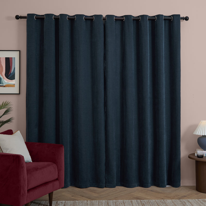  Curtains - Soft Chenille Blackout  Eyelet Curtains Navy Furn