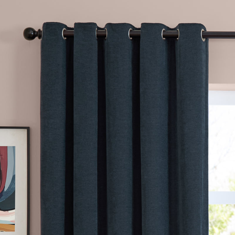  Curtains - Soft Chenille Blackout  Eyelet Curtains Navy Furn