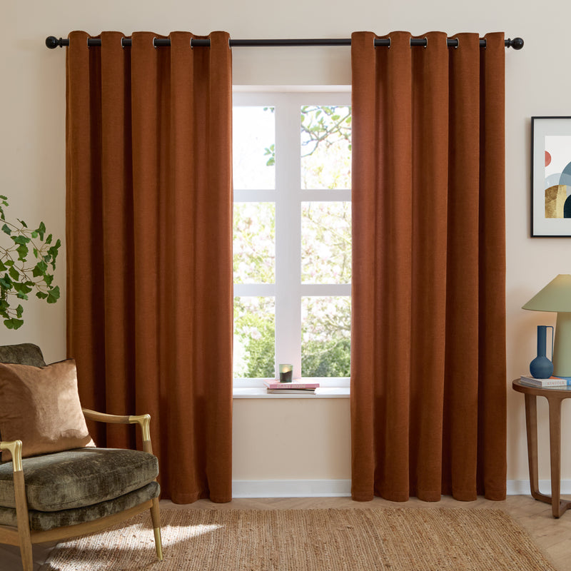  Curtains - Soft Chenille Blackout  Eyelet Curtains Rust Furn