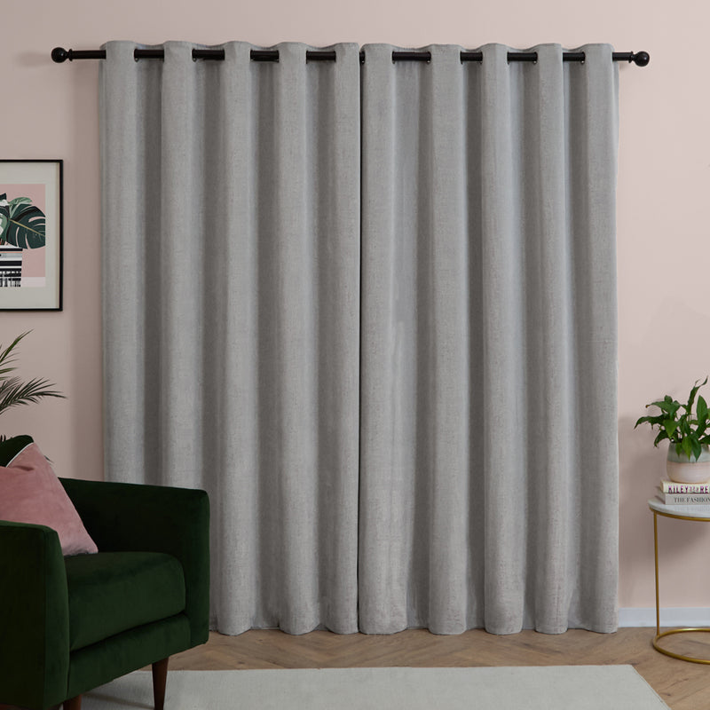 Plain Grey Curtains - Soft Chenille Blackout Eyelet Curtains Silver Furn