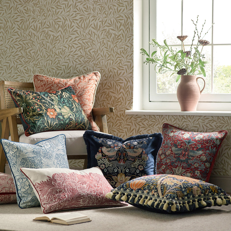 Floral Multi Cushions - Seaweed Printed Velvet Cushion Cover Indigo Morris & Co