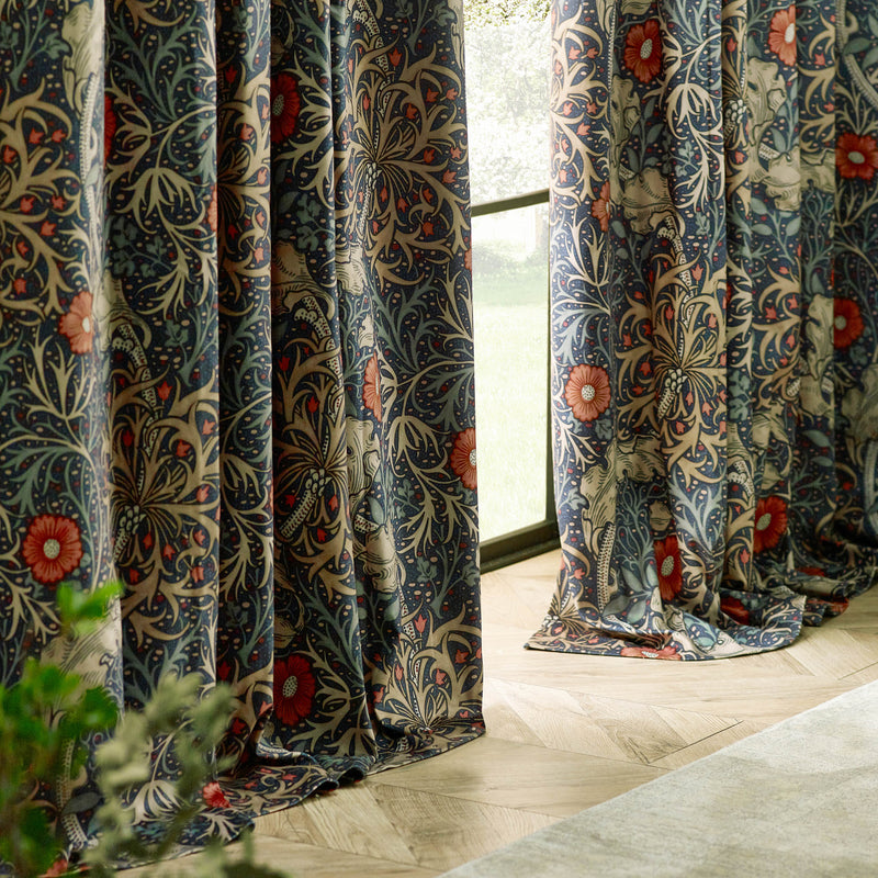 Floral Blue Curtains - Seaweed Printed Velvet Pencil Pleat Curtains Indigo Morris & Co