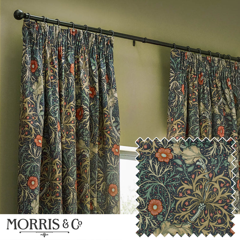 Floral Blue Curtains - Seaweed Printed Velvet Pencil Pleat Curtains Indigo Morris & Co