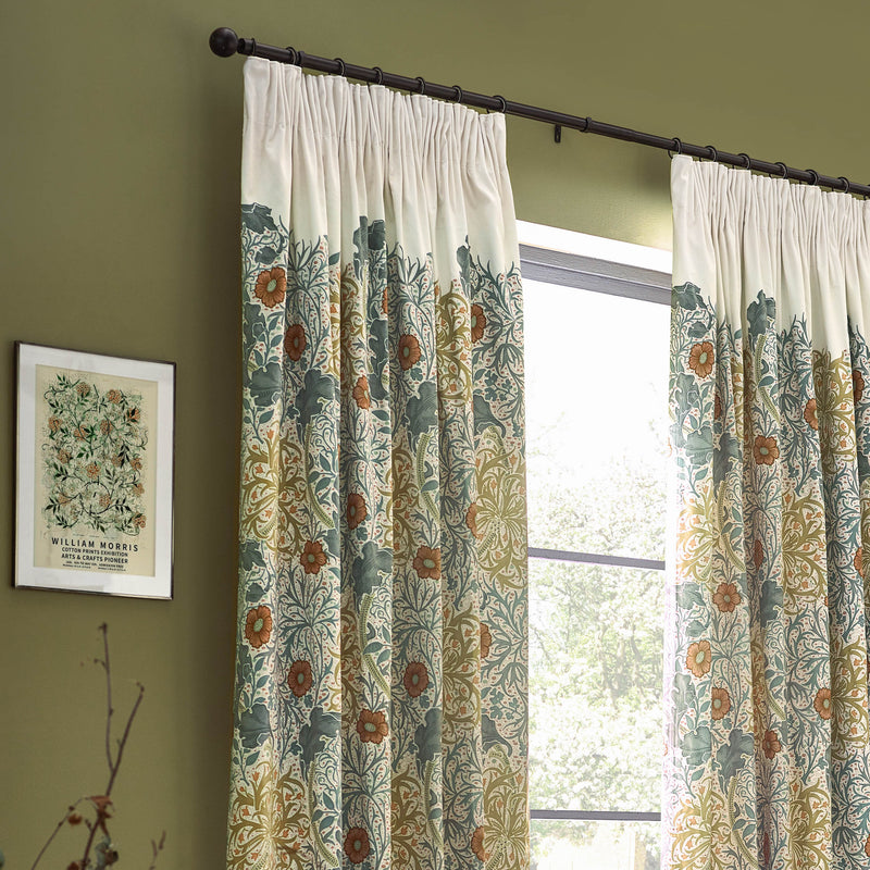 Floral Beige Curtains - Seaweed Printed Velvet Pencil Pleat Curtains Stone/Sunflower Morris & Co