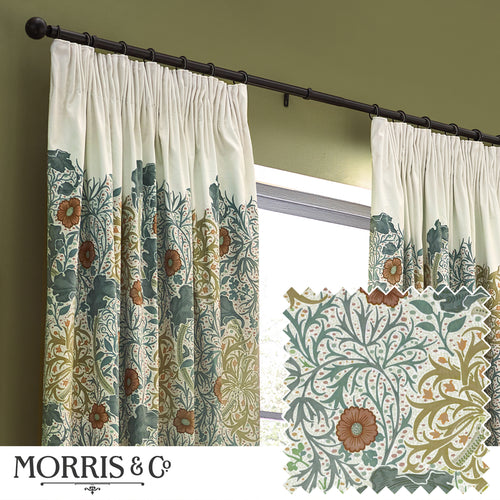 Floral Beige Curtains - Seaweed Printed Velvet Pencil Pleat Curtains Stone/Sunflower Morris & Co