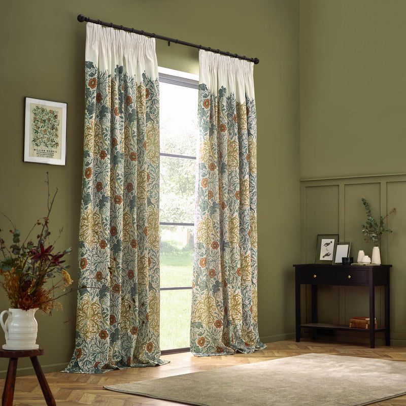 Floral Beige Curtains - Seaweed Printed Velvet Pencil Pleat Curtains Stone/Sunflower Morris & Co