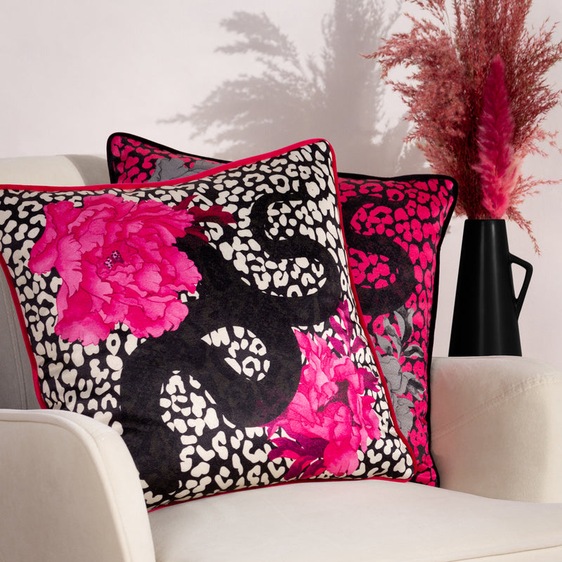 furn. Serpentine Animal Print Cushion Cover in Black/Ruby