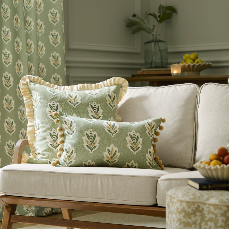 Woodland Green Cushions - Sessile Leaf Printed Cushion Cover Sage Sanderson