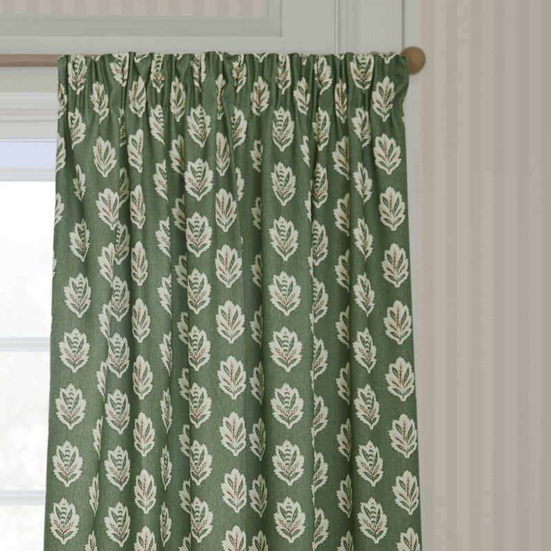 Floral Green Curtains - Sessile Leaf Motif Pencil Pleat Curtains Leaf Sanderson