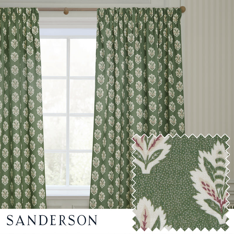 Floral Green Curtains - Sessile Leaf Printed Room Darkening Pencil Pleat Curtains Leaf Sanderson