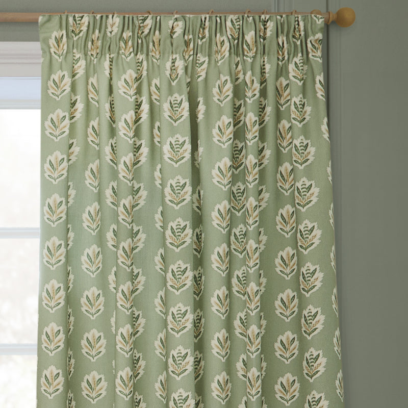 Floral Green Curtains - Sessile Leaf Motif Pencil Pleat Curtains Sage Sanderson