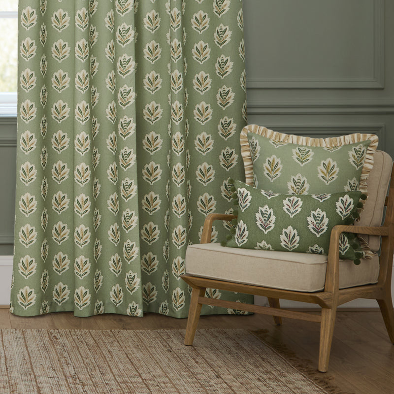 Floral Green Curtains - Sessile Leaf Motif Pencil Pleat Curtains Sage Sanderson