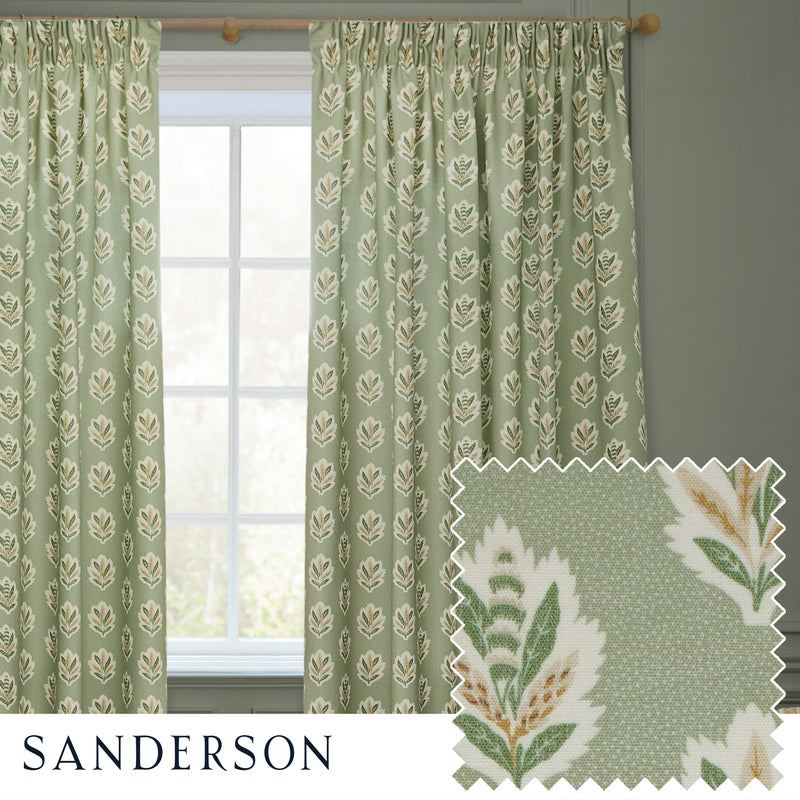 Floral Green Curtains - Sessile Leaf Motif Pencil Pleat Curtains Sage Sanderson