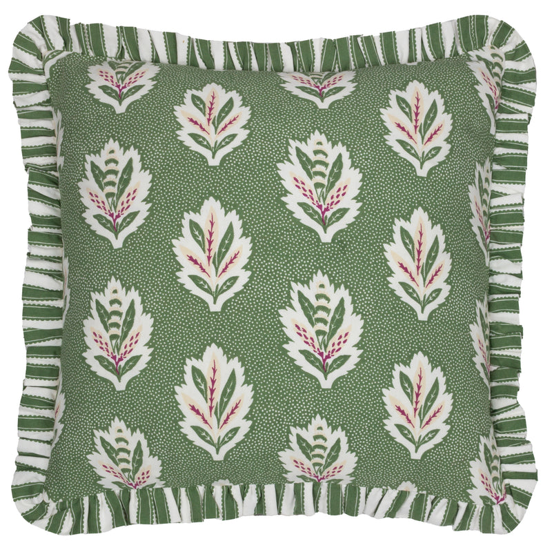 Floral Green Cushions - Sessile Leaf Ruffle Cushion Cover Leaf Green Sanderson