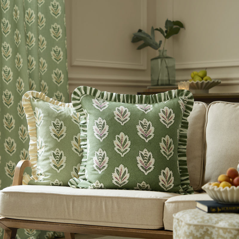 Floral Green Cushions - Sessile Leaf Ruffle Cushion Cover Leaf Green Sanderson