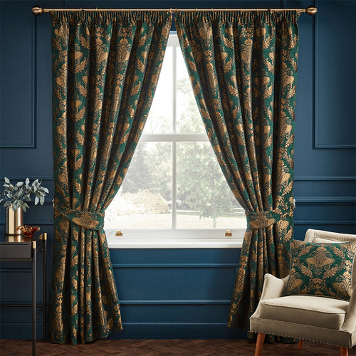 Paoletti Shiraz Traditional Jacquard Pencil Pleat Curtains in Emerald