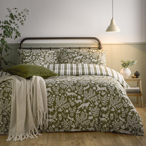 Animal Green Bedding  - Skandi Woodland Brushed Cotton Duvet Cover Set Thyme Green Furn