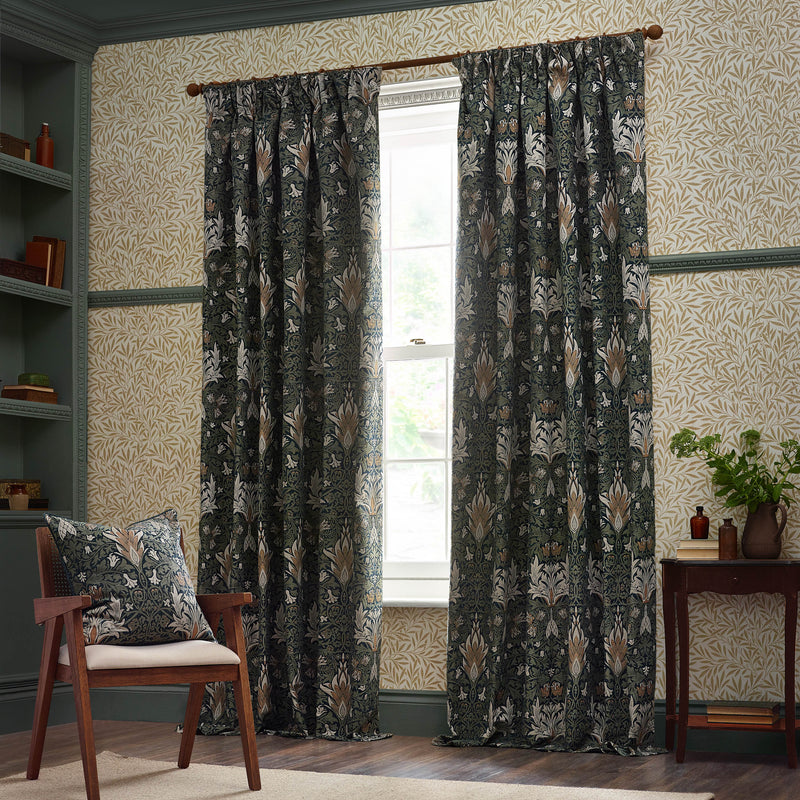 Floral Blue Curtains - Snakeshead Jacquard Chenille Pencil Pleat Curtains Indigo/Leaf Morris & Co