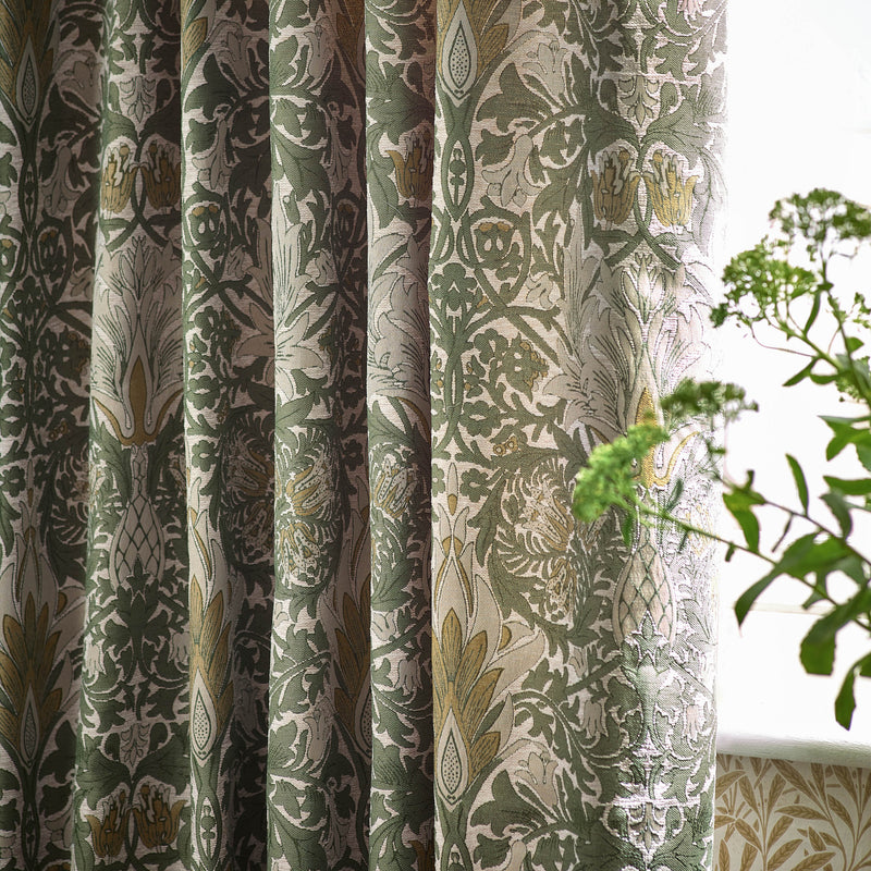 Floral Green Curtains - Snakeshead Jacquard Chenille Pencil Pleat Curtains Sunflower/Stone Morris & Co