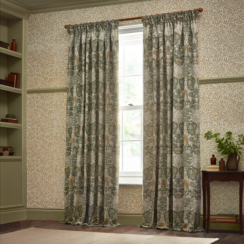 Floral Green Curtains - Snakeshead Jacquard Chenille Pencil Pleat Curtains Sunflower/Stone Morris & Co