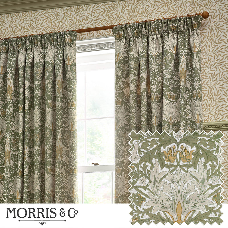 Floral Green Curtains - Snakeshead Jacquard Chenille Pencil Pleat Curtains Sunflower/Stone Morris & Co